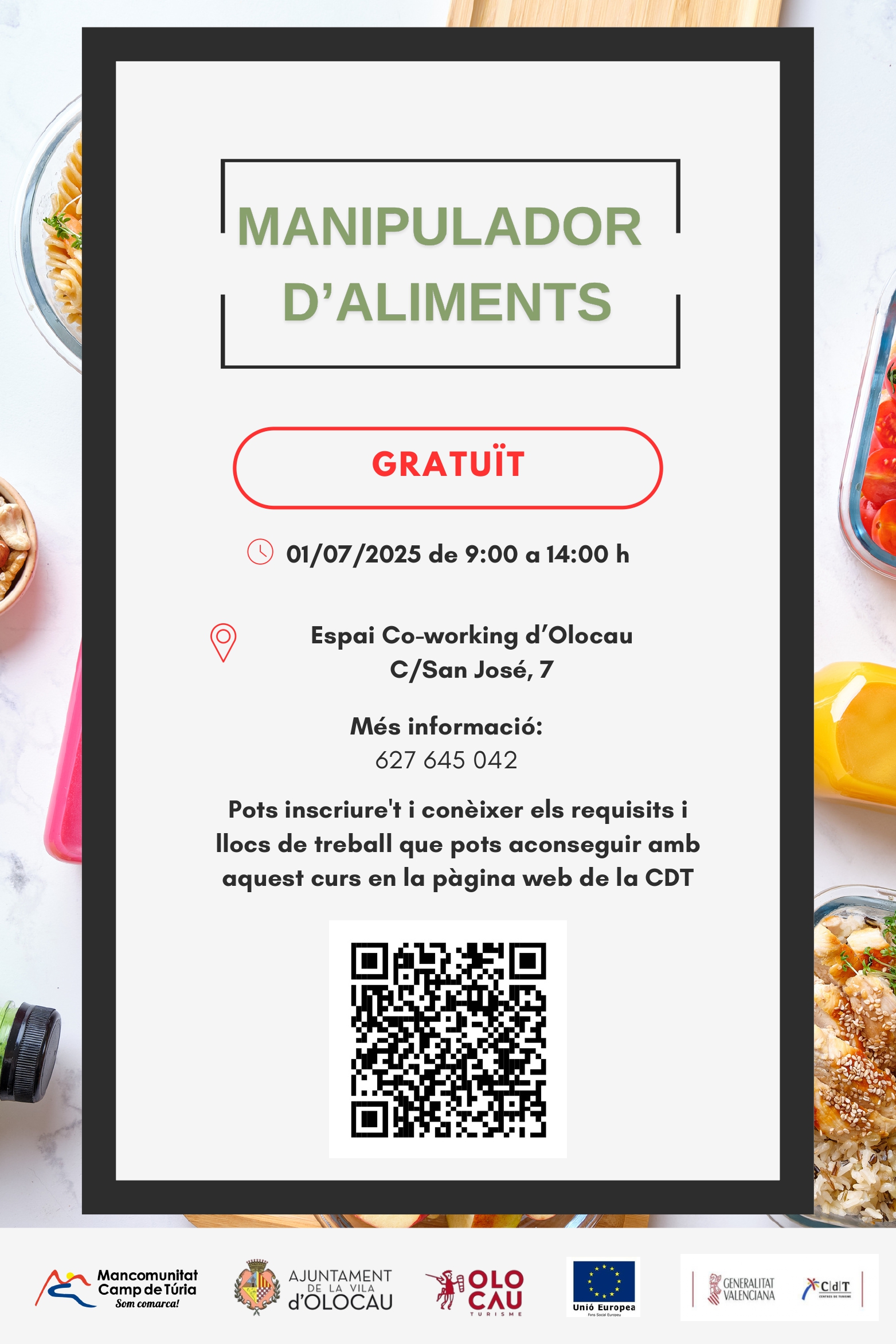 Curs gratuït de manipulador/a d'aliments a Olocau